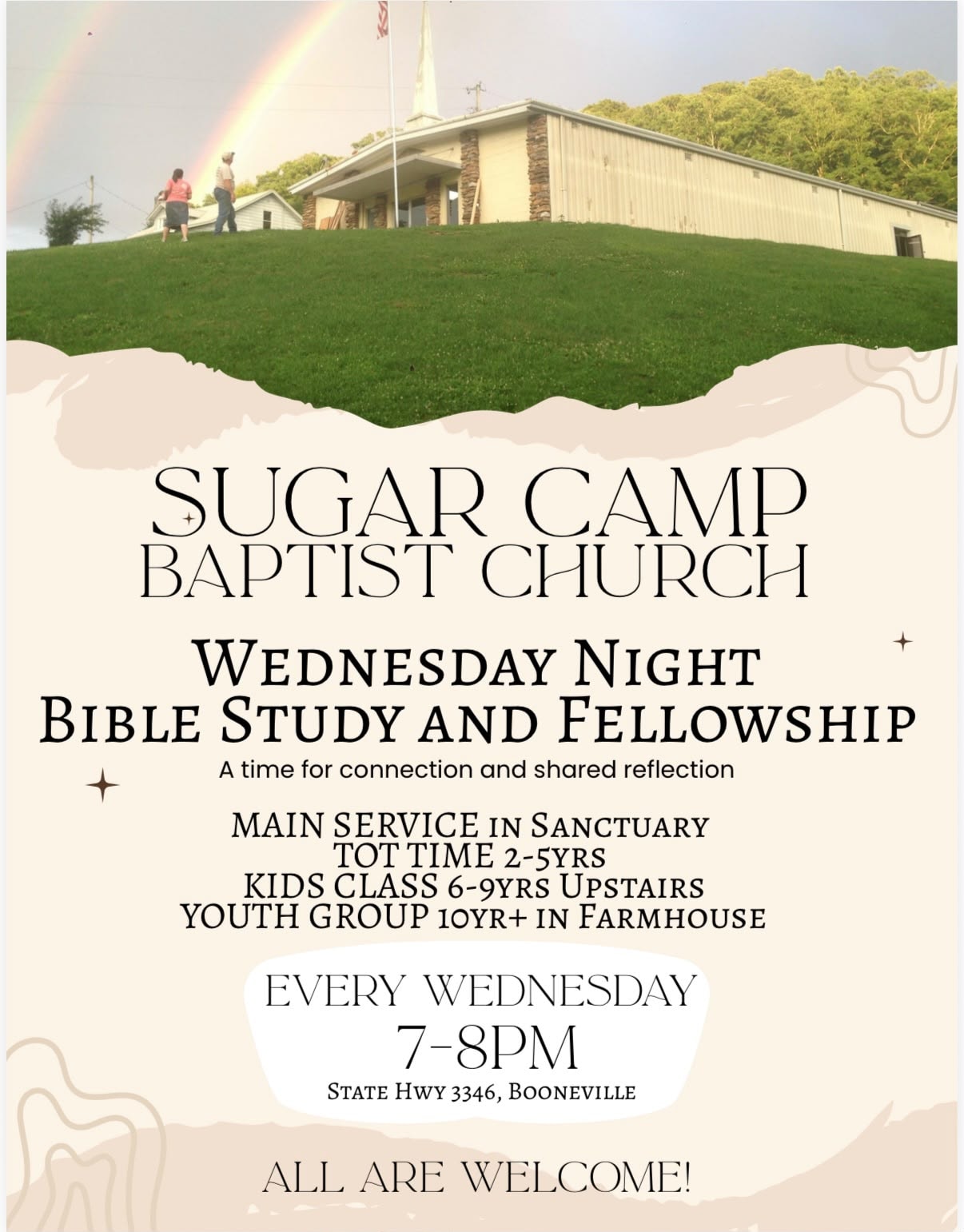 Sugar Camp Baptist Church Wednesday Night Bible Study and Fellowship flyer