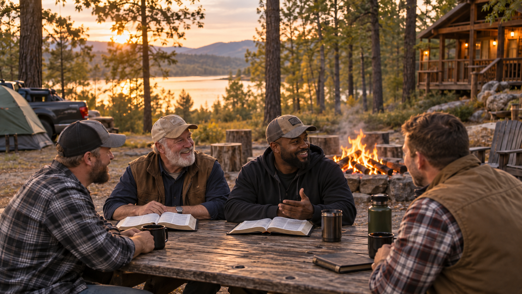 Men gathered around a campfire for outdoor Bible study