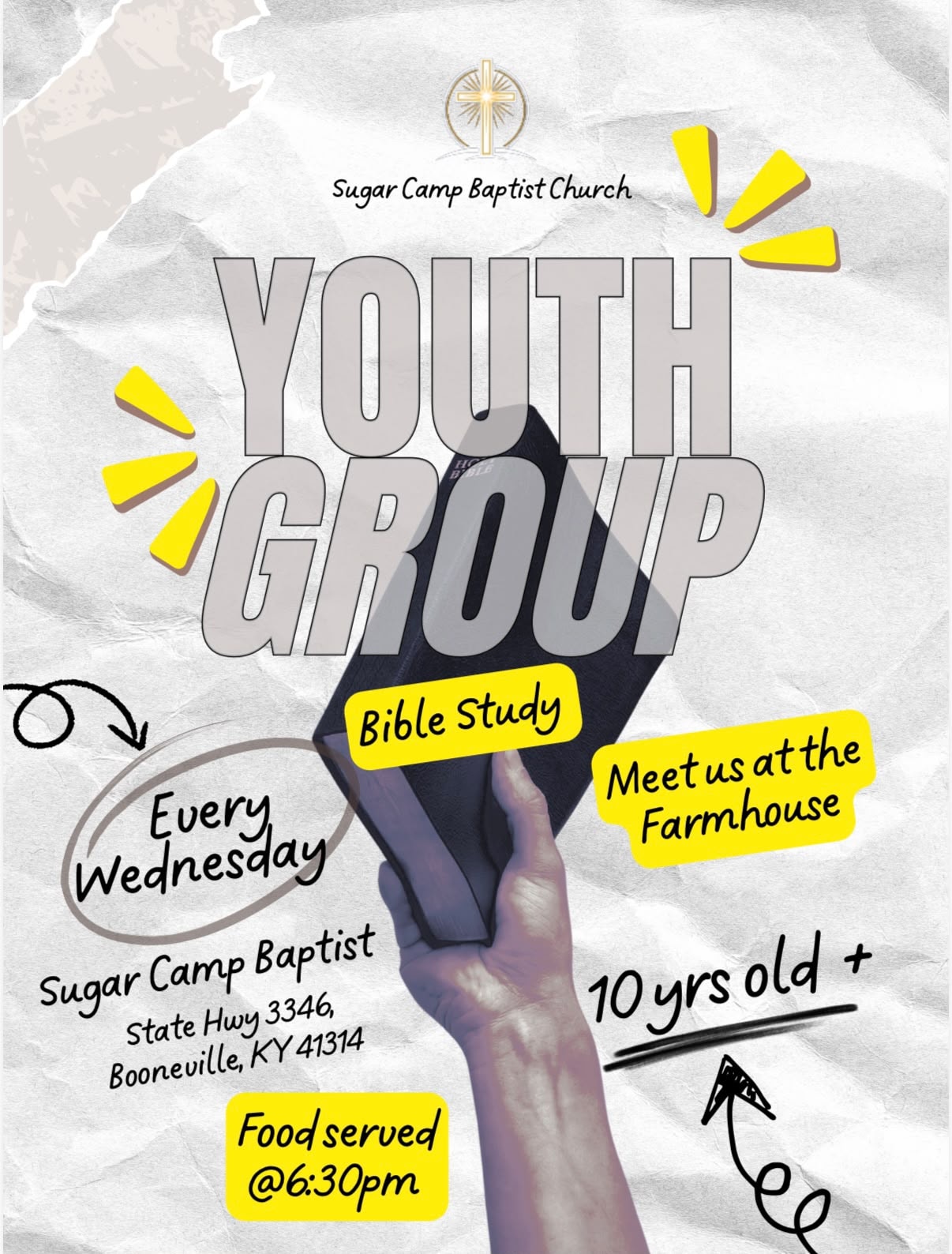 Sugar Camp Baptist Church Youth Group flyer — every Wednesday, food at 6:30 PM, Bible study at the Farmhouse, ages 10+